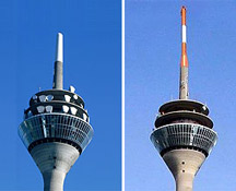 der Rheinturm früher (links) und mit neuer DVB Antenne (rechts) || Quelle: duesseldorf.de
